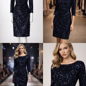 Nanette Lepore Navy Sequin Long-Sleeve Sheath Dress